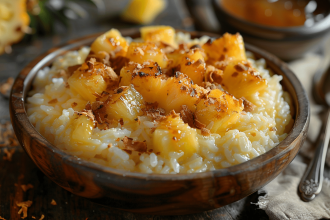 Riz au lait de coco avec ananas caramélisé dans un bol coloré