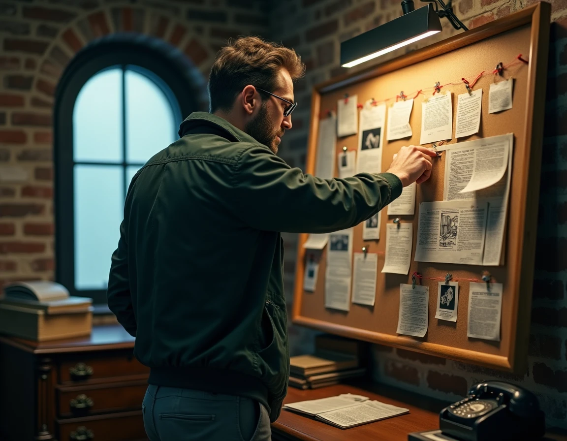 Joueur analysant un tableau d'enquête couvert d'indices dans le décor polar de 59 Minutes Chrono à Ollioules