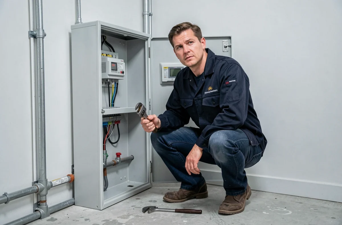 Artisan d'ABM Plomberie Electricité Générale travaillant simultanément sur des installations de plomberie et d'électricité