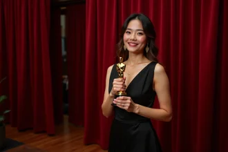 Actrice asiatique souriante avec statuette Oscar lors d'une cérémonie