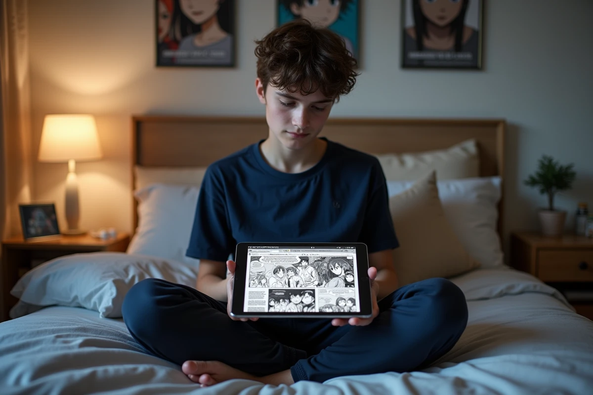 Adolescent lisant des scans de manga en français sur une tablette dans sa chambre