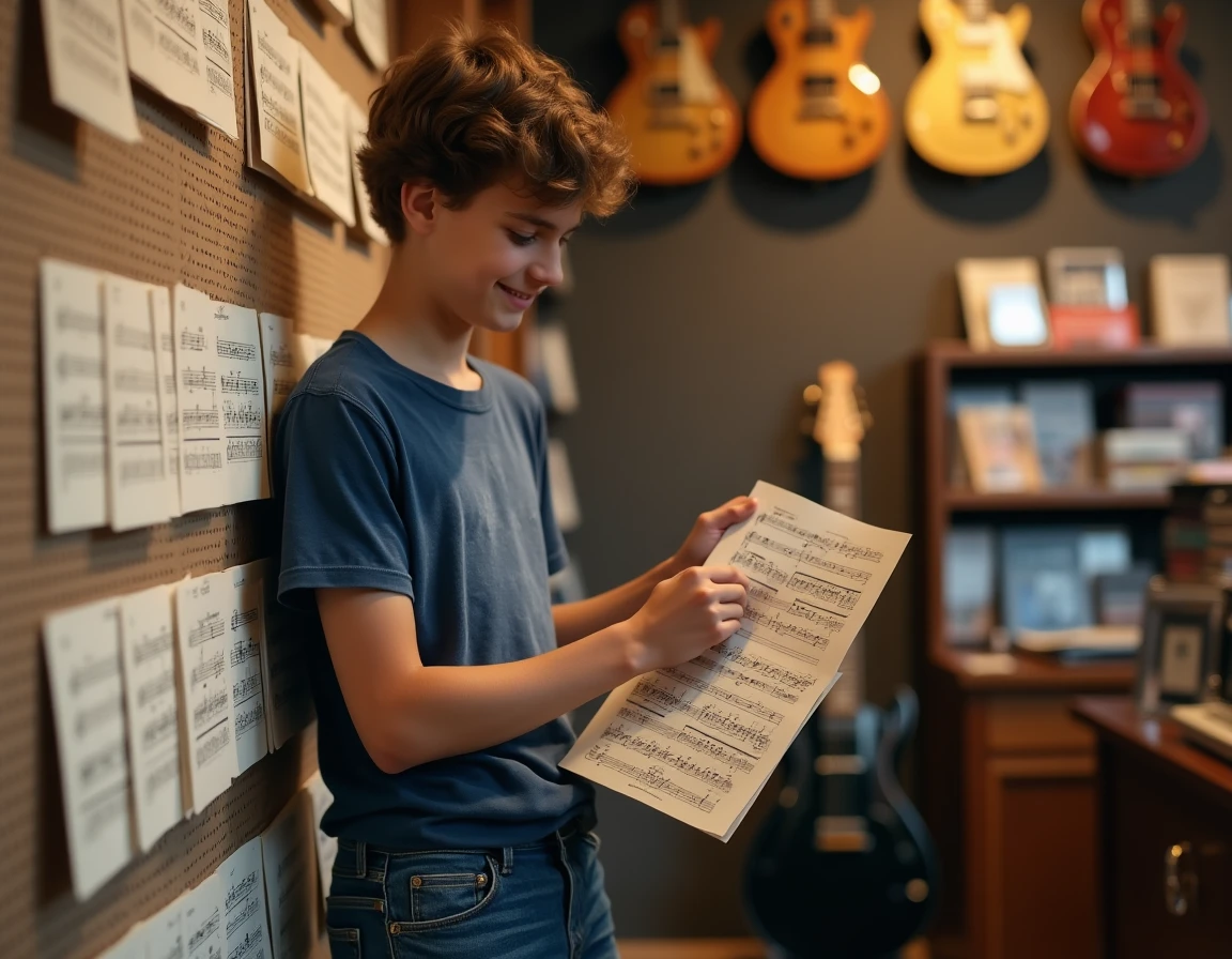 Adolescent guitariste feuilletant des partitions gratuites dans un magasin de musique indépendant