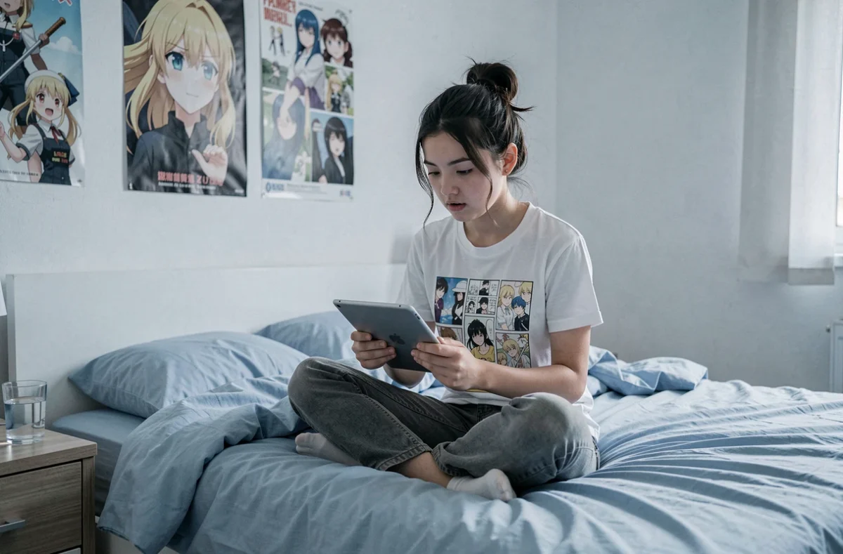 Adolescente consultant les sorties de chapitres One Piece sur une tablette dans sa chambre