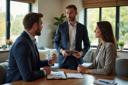 Agent immobilier en costume bleu discutant avec un couple dans un salon lumineux