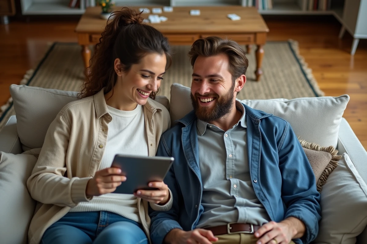 Deux amis utilisant un solver de jeux de lettres sur tablette comme entraîneur personnel interactif