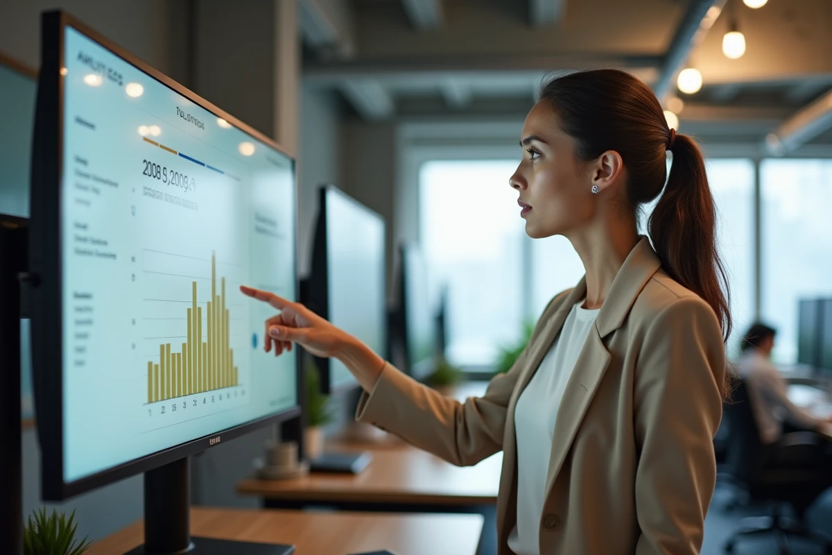 Femme professionnelle analysant des données et avis sur un tableau de bord numérique dans un bureau moderne, symbolisant l'évaluation d'un service en 2026