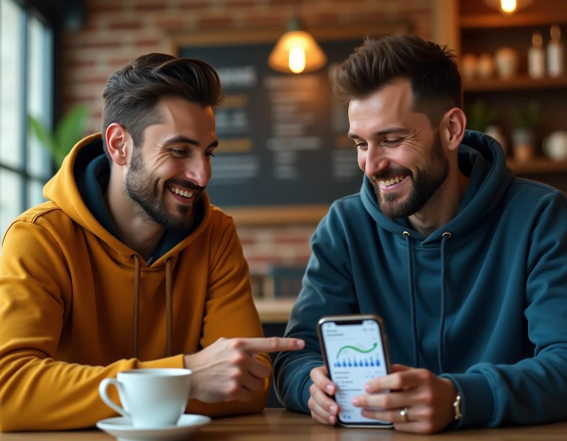 Deux collectionneurs analysant l'évolution de la valeur des cartes Pokémon sur une application de suivi des prix dans un café