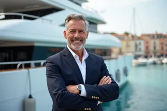 Portrait éditorial d'un animateur de télévision sur le pont d'un yacht de luxe amarré dans un port méditerranéen