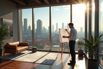 Architecte urbain examinant des plans dans un bureau lumineux