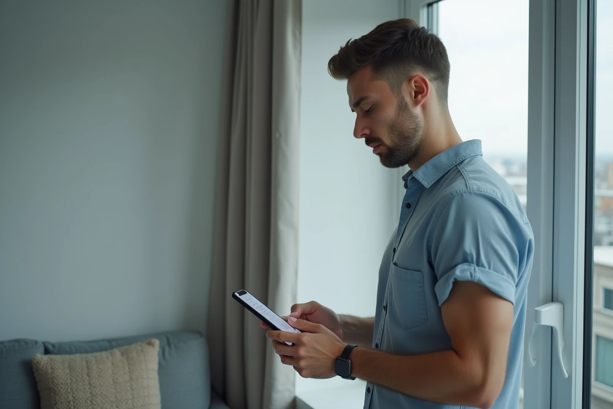 Homme consultant le service d'assistance Vinted via chat sur son smartphone dans un appartement moderne