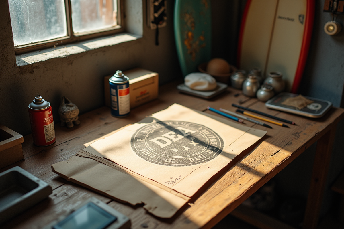 Atelier vintage avec planche à dessin et matériel créatif