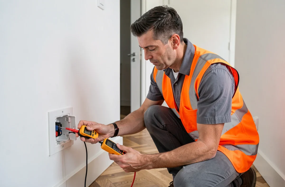 Électricien d'Avetissian Électricité testant des prises électriques dans un appartement moderne du Finistère