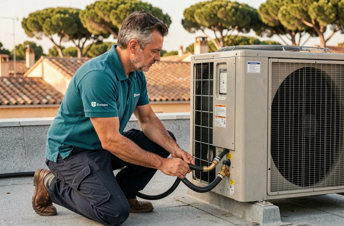 Technicien d'Azur Clim Plomberie connectant des lignes frigorifiques sur une terrasse avec toits provençaux en arrière-plan