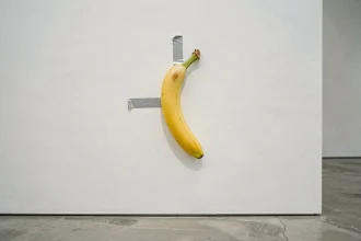 Banane collée au mur d'une galerie d'art contemporain avec du scotch argenté, œuvre conceptuelle minimaliste