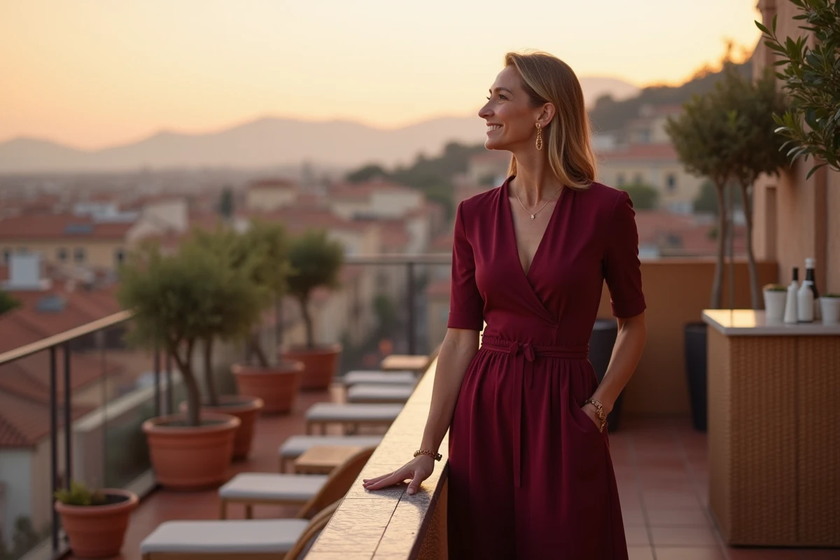 Femme élégante de plus de 30 ans profitant d'un bar en rooftop à Perpignan avec vue sur la ville