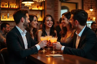 Groupe d'adultes de plus de 30 ans qui profitent d'une soirée en boîte de nuit à Perpignan autour de cocktails