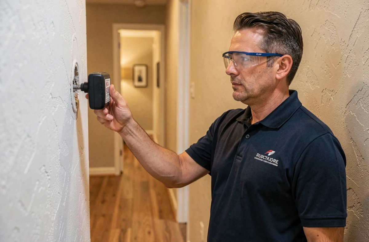 Technicien spécialisé dans la recherche de fuites appuyant un appareil acoustique contre un mur pour détecter une fuite cachée