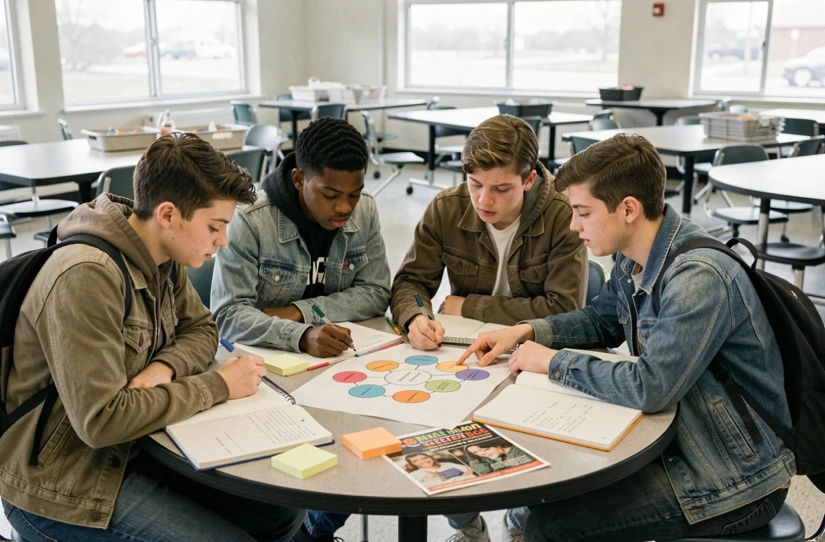 Groupe d'élèves brainstormant ensemble des idées pour la campagne de délégué de classe