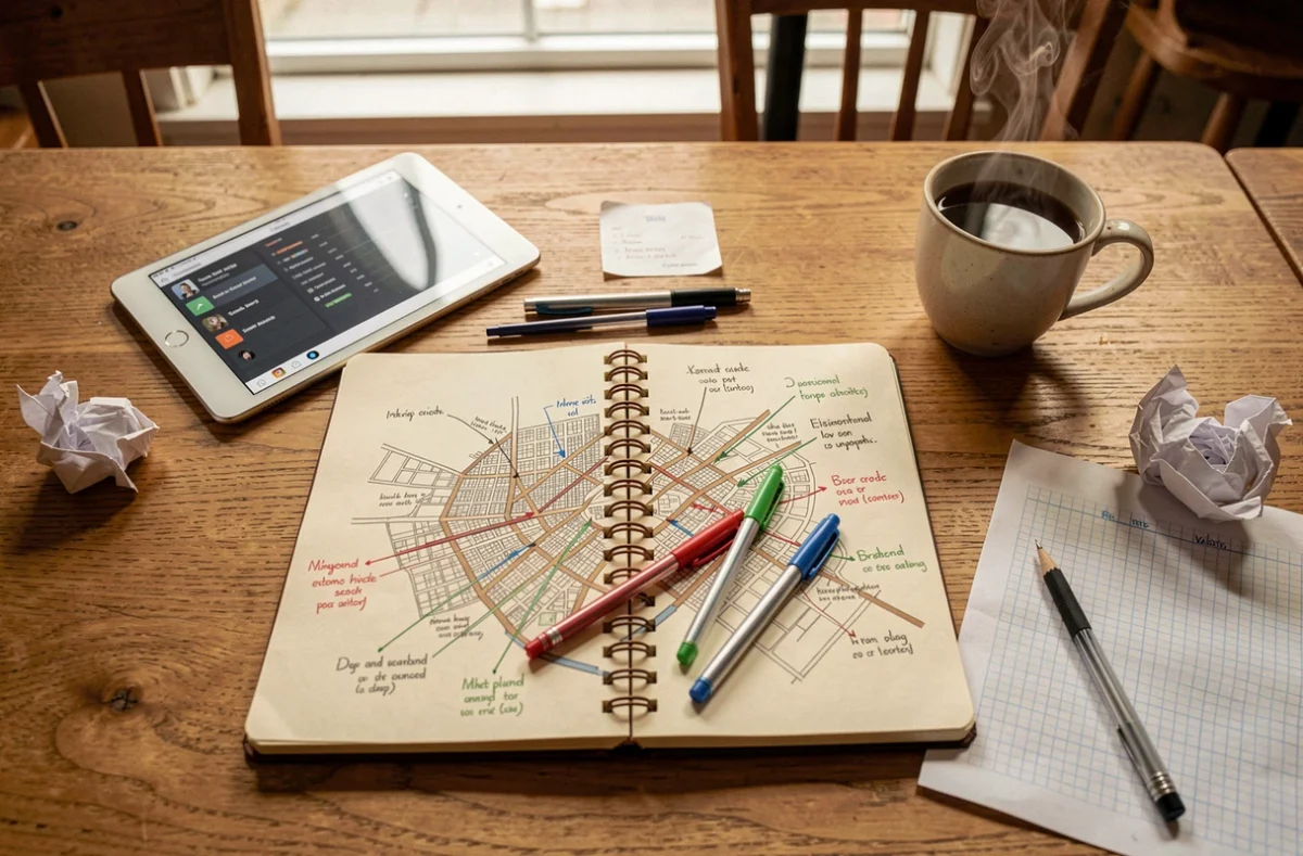 Vue de dessus d'un carnet de notes avec un plan de ville dessiné à la main, une tablette avec un deck numérique et un café dans un environnement de travail créatif