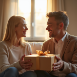 Couple souriant échangeant un cadeau en bois dans un salon lumineux