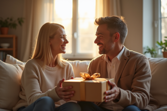 Couple souriant échangeant un cadeau en bois dans un salon lumineux