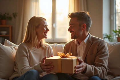 Couple souriant échangeant un cadeau en bois dans un salon lumineux