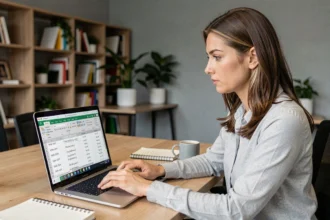 Femme calculant le nombre de jours entre deux dates dans Excel sur un ordinateur portable au bureau