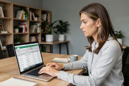 Femme calculant le nombre de jours entre deux dates dans Excel sur un ordinateur portable au bureau