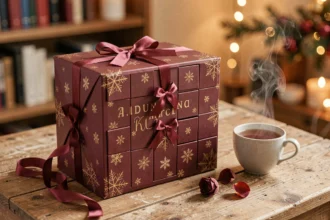 Calendrier de l'Avent hugo Romance posé sur une table en bois avec emballage bordeaux et or, pétales de rose séchées et tasse de thé