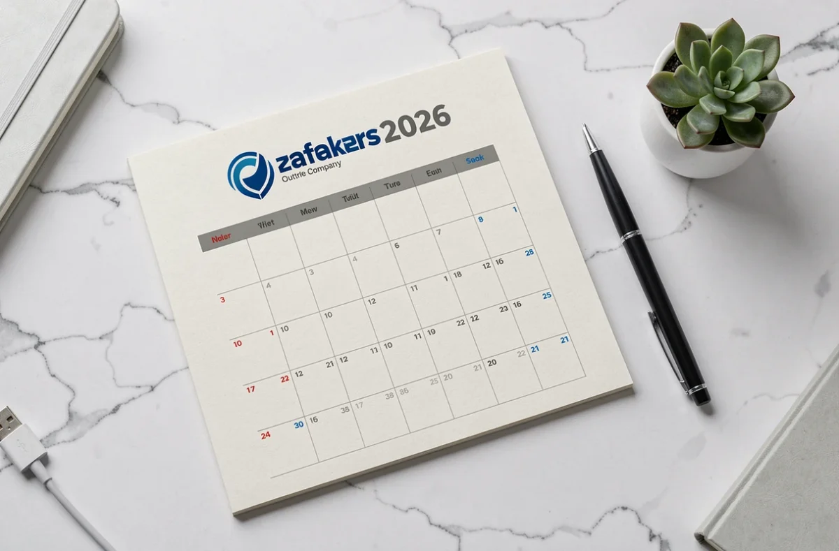Vue de dessus d'un calendrier de bureau 2026 imprimé avec logo d'entreprise sur surface blanche minimaliste