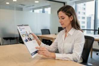 Femme professionnelle en bureau moderne consultant un calendrier mural d'entreprise 2026 avec logo imprimé