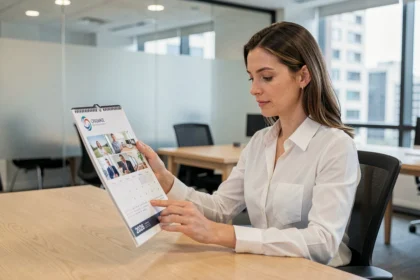 Femme professionnelle en bureau moderne consultant un calendrier mural d'entreprise 2026 avec logo imprimé