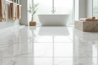 Salle de bain élégante avec carrelage en marbre blanc de Carrare au sol et baignoire autoportante