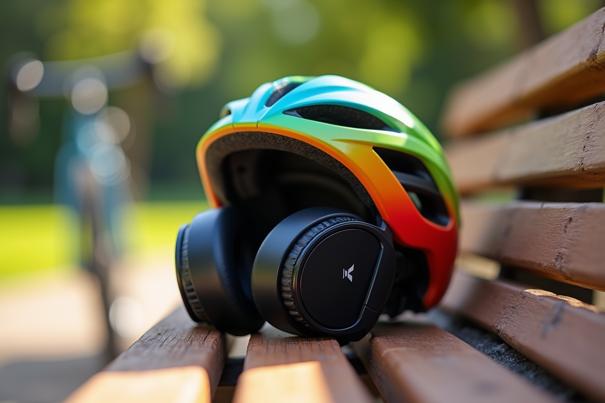 Casque de vélo coloré avec écouteurs sans fil sur un banc en parc