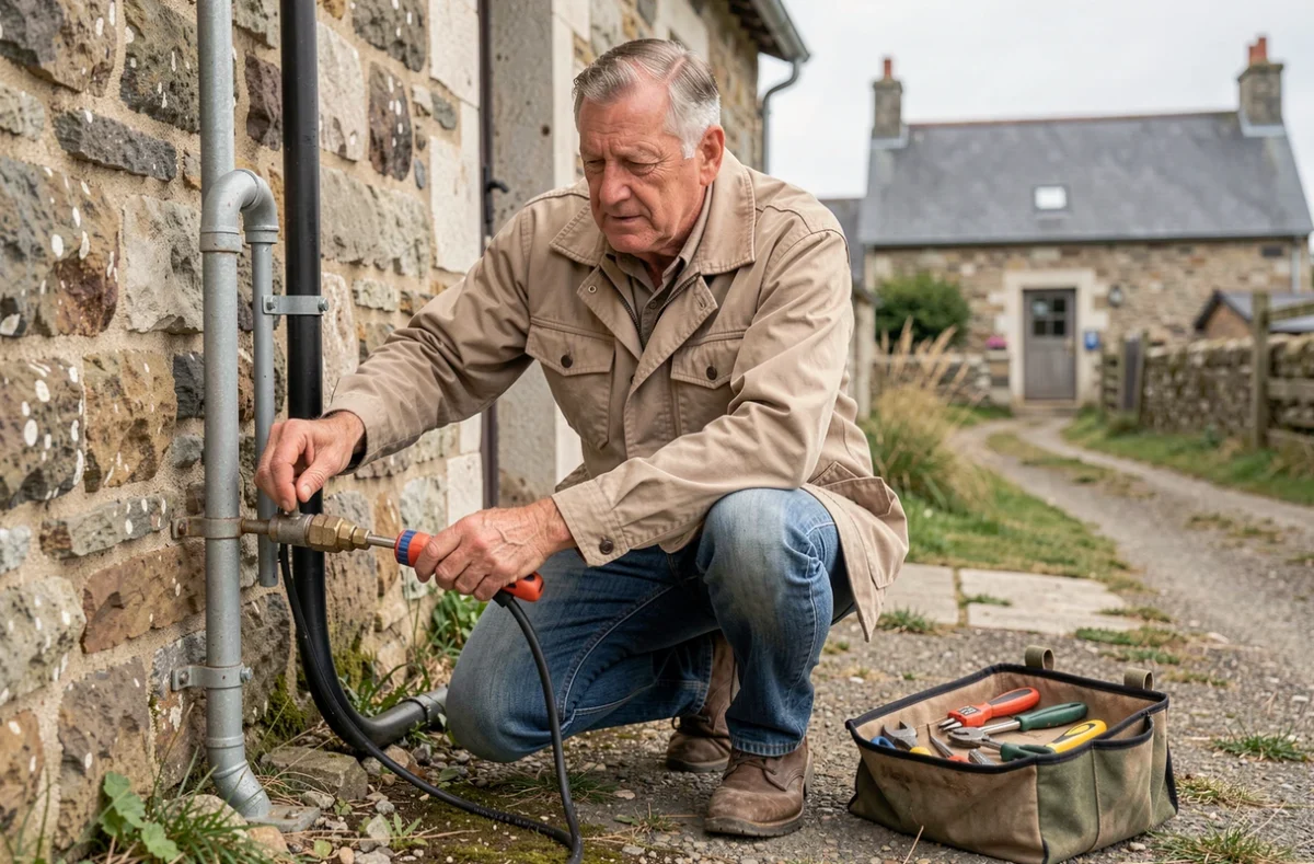 Artisan électricien de CEB travaillant sur une installation extérieure à Coat-Méal dans le Finistère