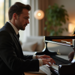 Chanteur d'opéra masculin au piano dans un salon moderne