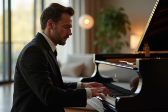 Chanteur d'opéra masculin au piano dans un salon moderne