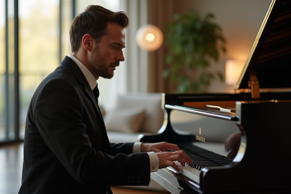 Chanteur d'opéra masculin au piano dans un salon moderne