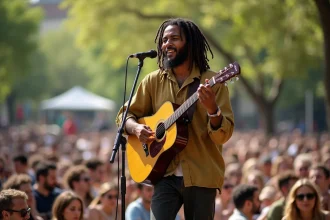 Chanteur de reggae français en concert en plein air dans un parc urbain, guitare acoustique à la main, ambiance festival d'été 2026