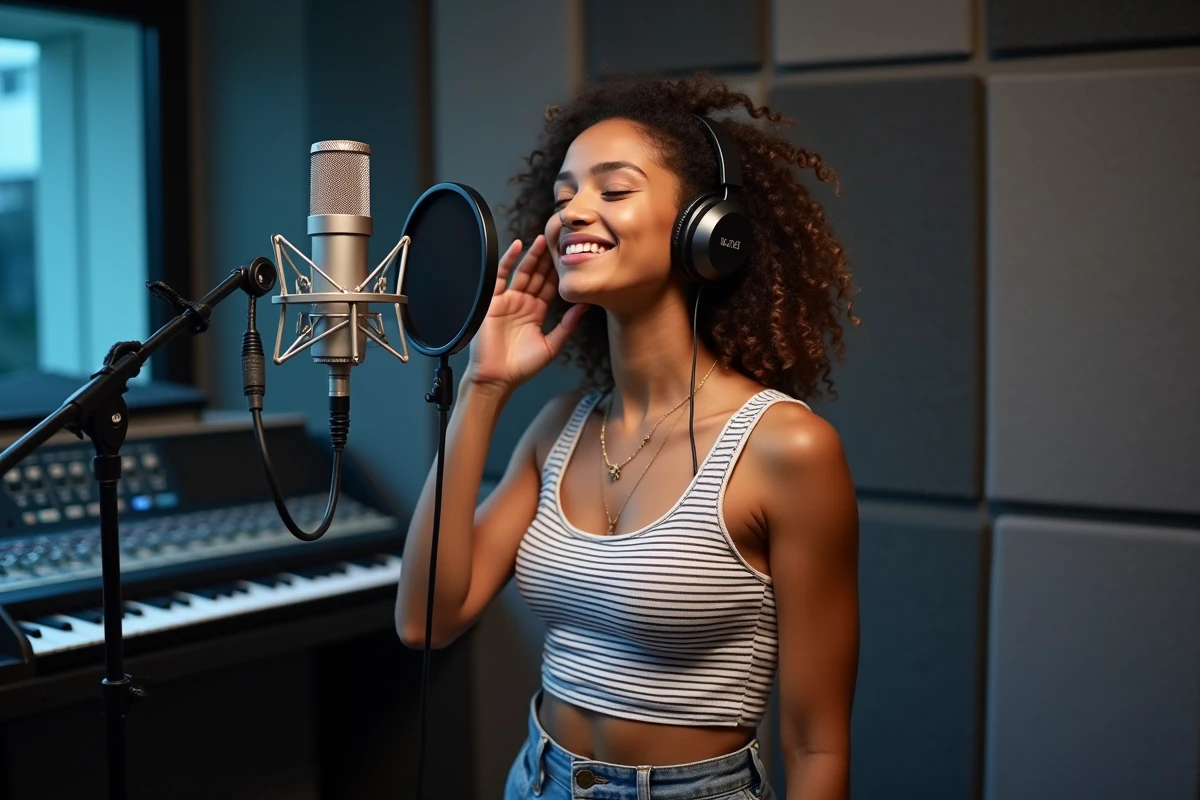 Chanteuse de reggae français en studio d'enregistrement professionnel, micro à condensateur, ambiance créative et moderne