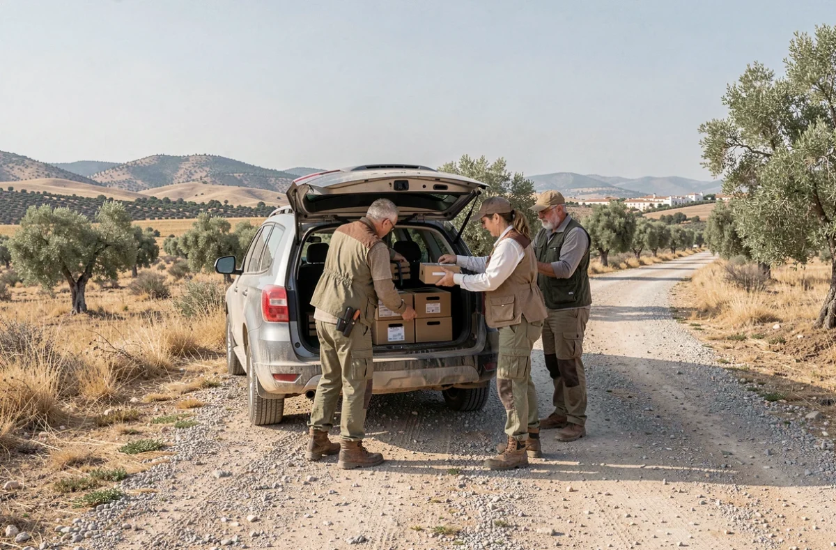Groupe de chasseurs chargeant des cartouches achetées en Espagne dans le coffre d'un SUV au bord d'une route andalouse