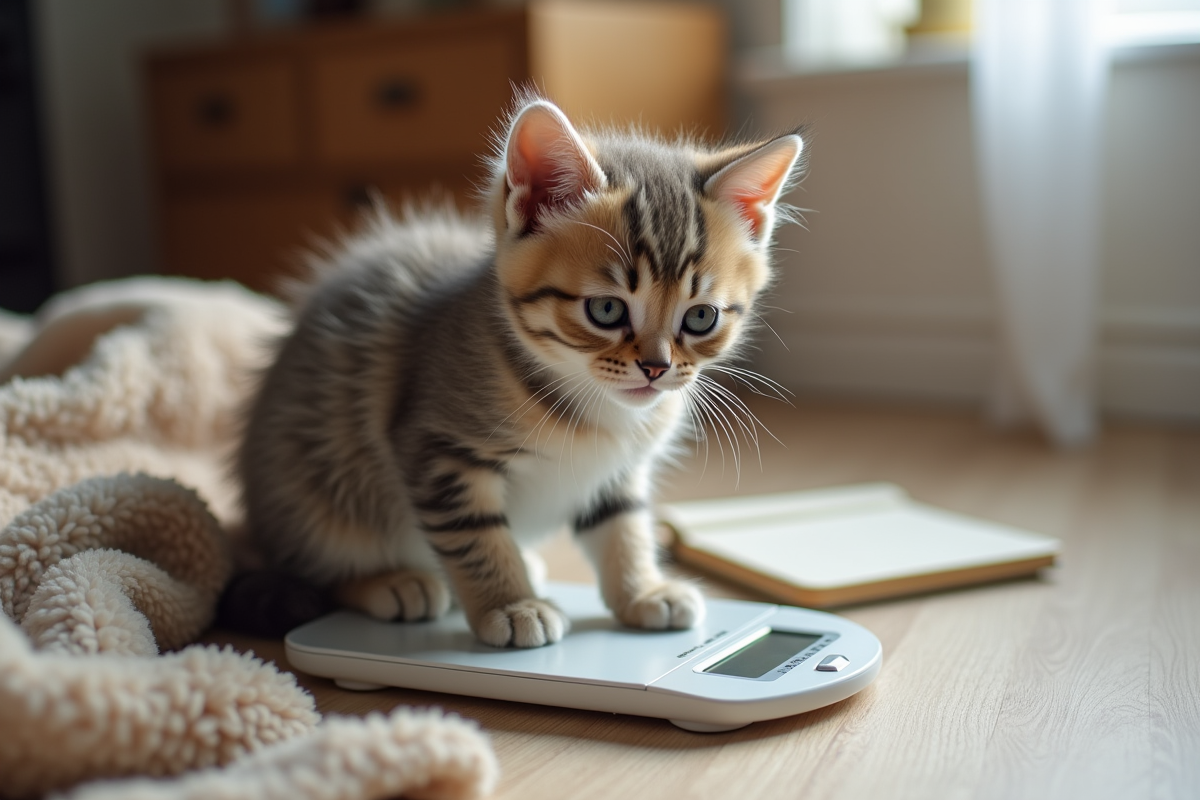 Chaton british shorthair pesé à la maison sur une balance