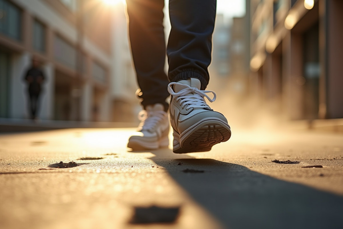 Close-up de baskets sur trottoir ensoleille avec empreintes