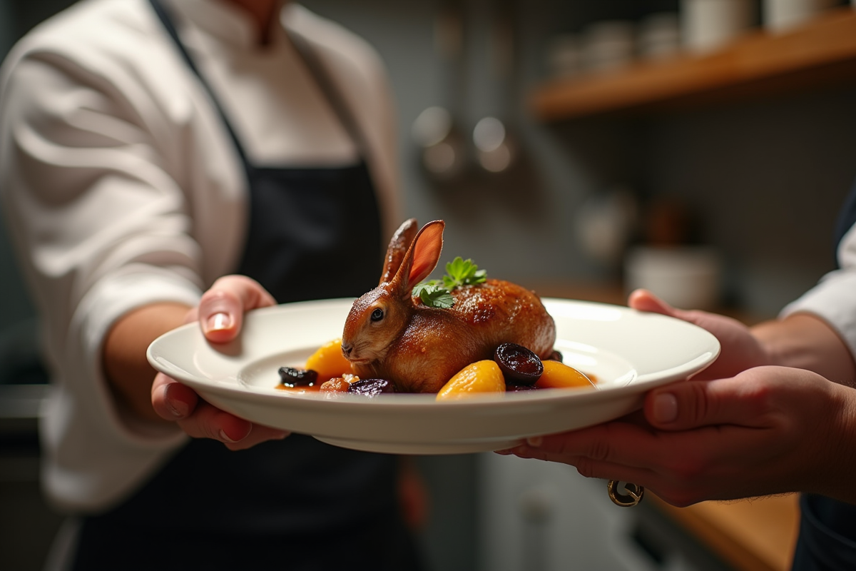 Chef servant un plat de lapin aux prunes dans une cuisine moderne