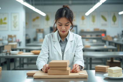 Jeune femme scientifique en laboratoire examinant emballages biodégradables