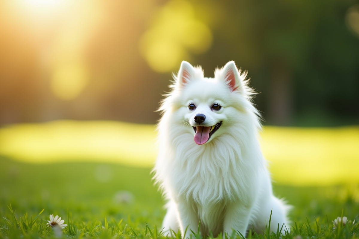 Spitz japonais assis dans un parc ensoleille avec pelage detaille