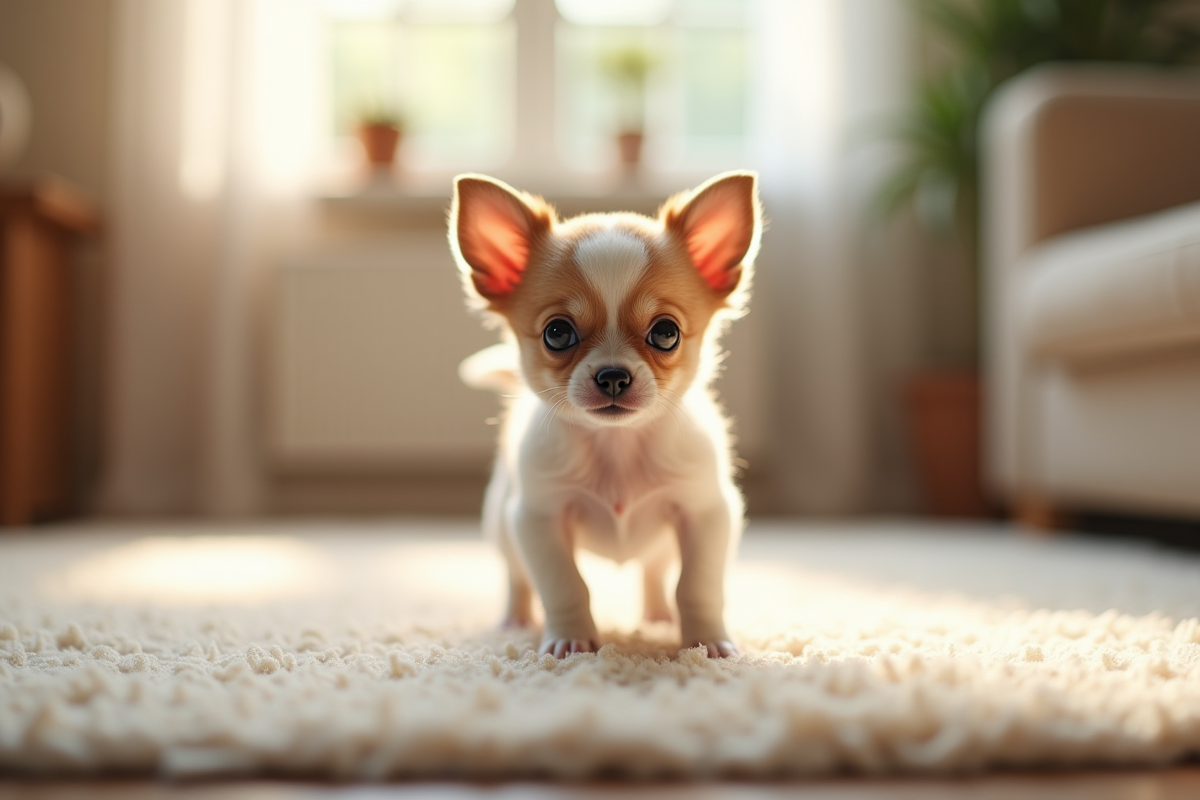 Petit chiot chihuahua avec grands yeux en train de marcher