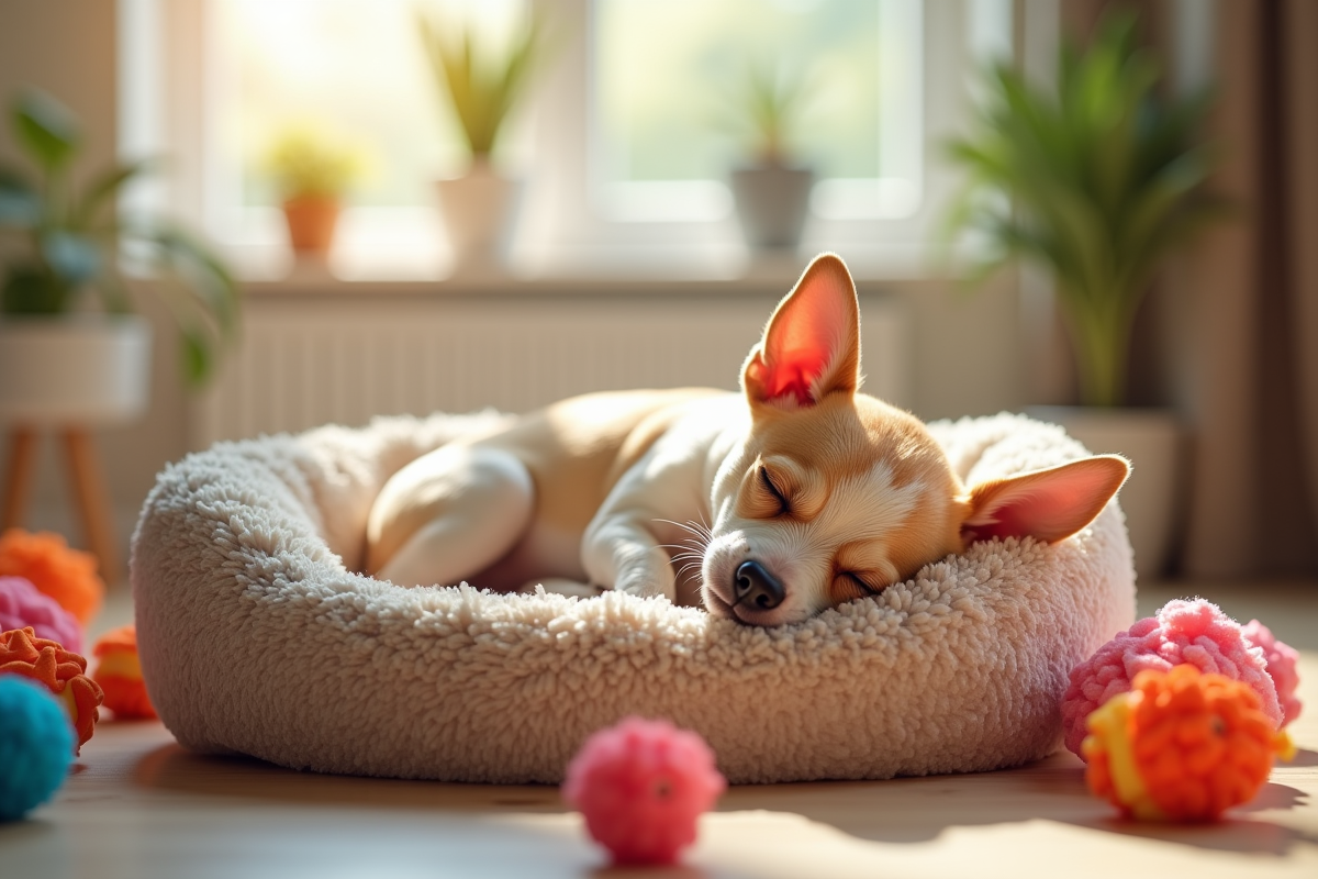Jeune chiot chihuahua endormi dans un lit douillet