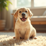 Chiot labrador joyeux assis sur un tapis lumineux