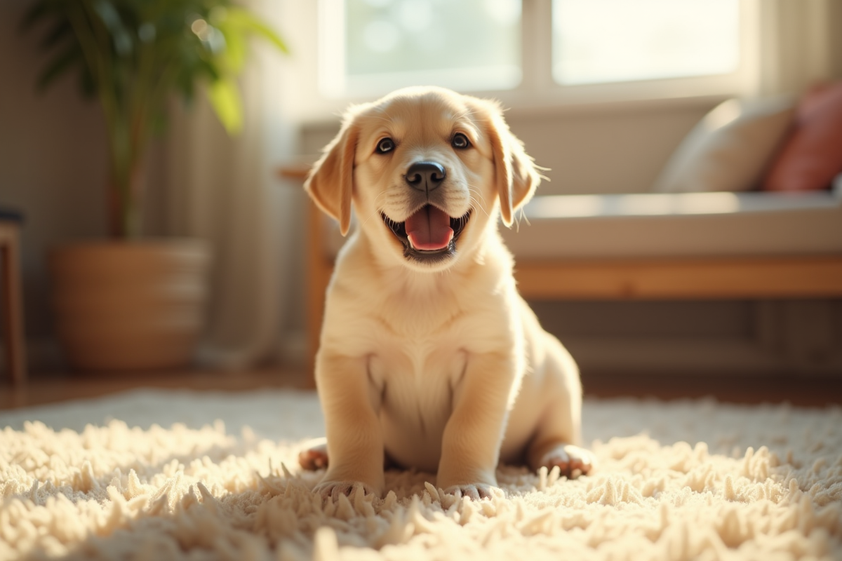 Chiot labrador joyeux assis sur un tapis lumineux